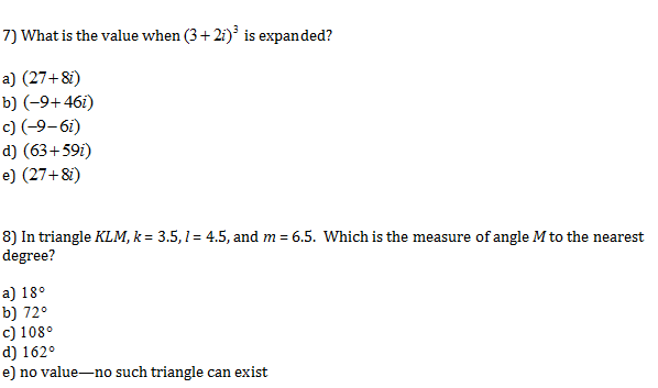 Precalculus Test Questions